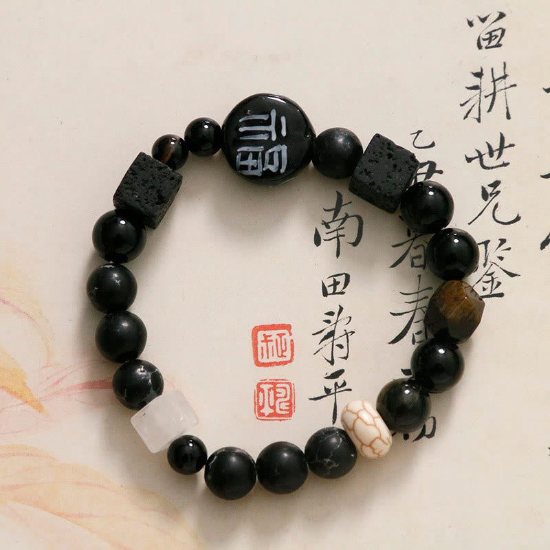 Pulsera con personaje de la suerte Fu, Buddha Stones , cerámica, ónix negro, ágata y piedra brillante negra