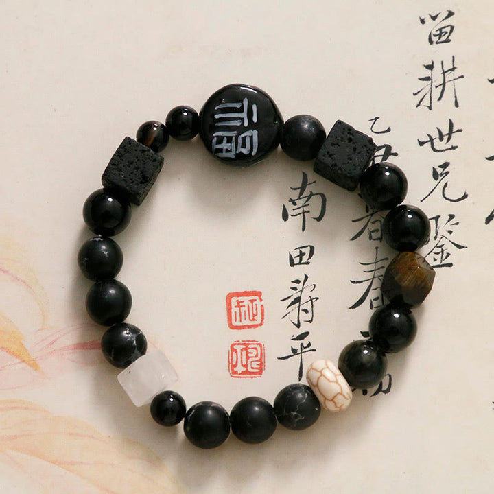 Pulsera con personaje de la suerte Fu, Buddha Stones , cerámica, ónix negro, ágata y piedra brillante negra