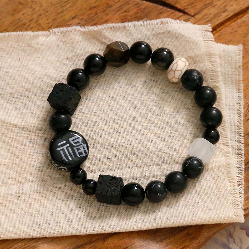 Pulsera con personaje de la suerte Fu, Buddha Stones , cerámica, ónix negro, ágata y piedra brillante negra