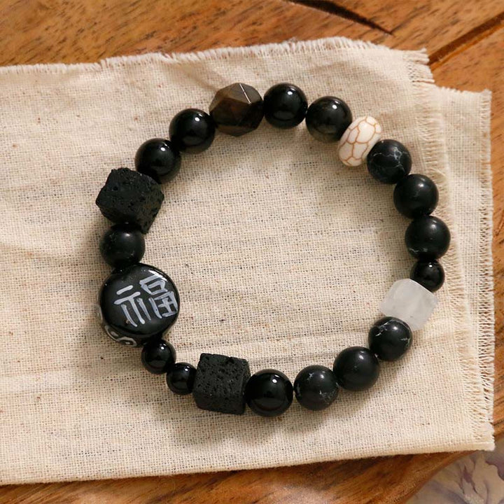Pulsera con personaje de la suerte Fu, Buddha Stones , cerámica, ónix negro, ágata y piedra brillante negra