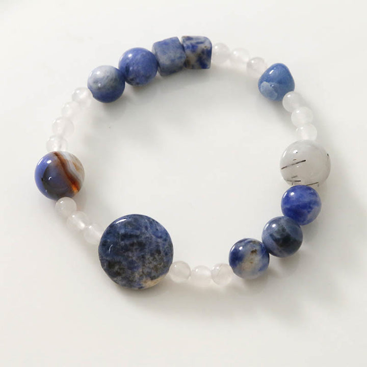 Pulsera de cuarzo rutilado negro con jade, ágata y aventurina azul y Buddha Stones