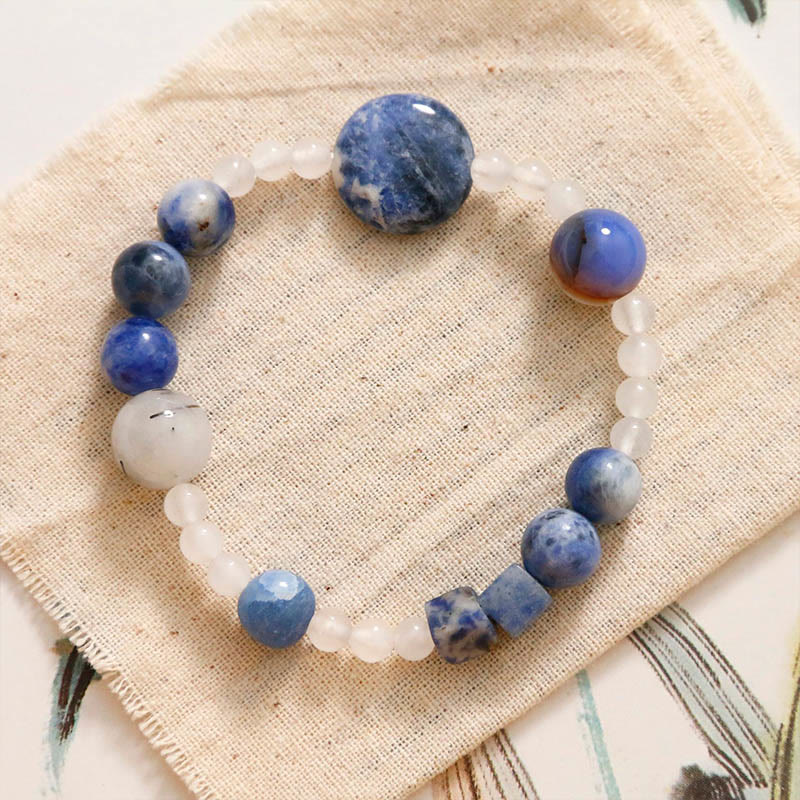 Pulsera de cuarzo rutilado negro con jade, ágata y aventurina azul y Buddha Stones