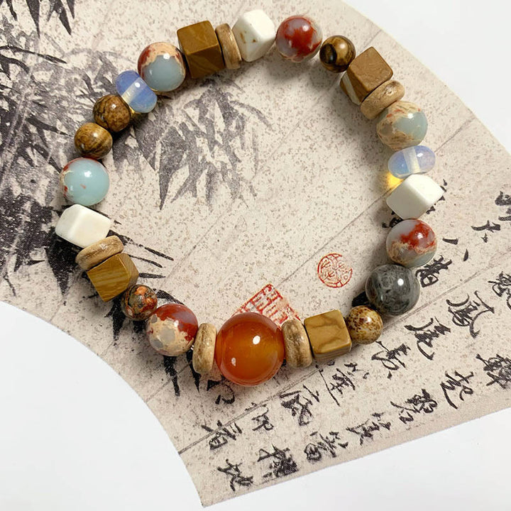 Pulsera de bendición de calma con Buddha Stones, ágata roja, piedra Shoushan, turquesa blanca
