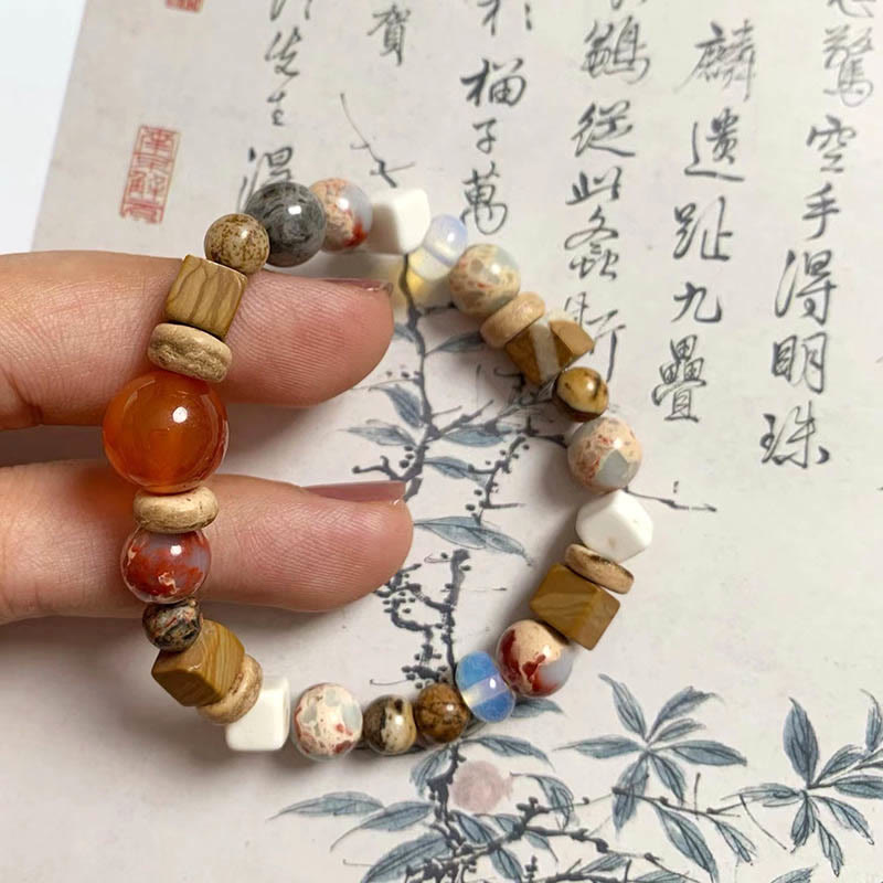 Pulsera de bendición de calma con Buddha Stones, ágata roja, piedra Shoushan, turquesa blanca