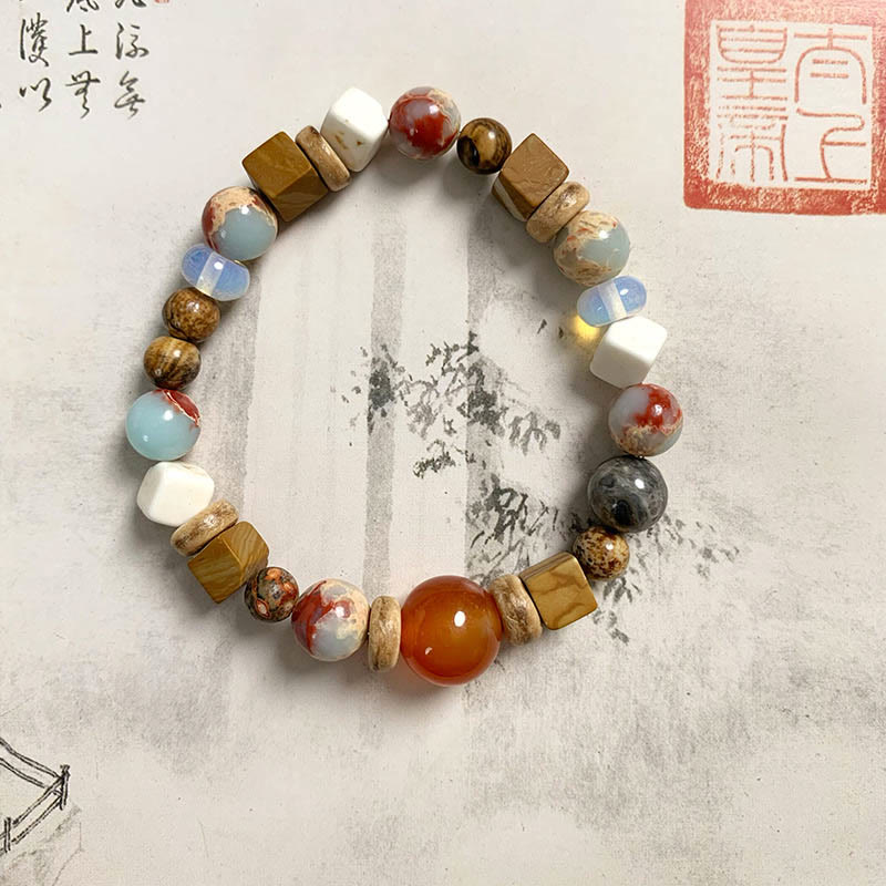 Pulsera de bendición de calma con Buddha Stones, ágata roja, piedra Shoushan, turquesa blanca