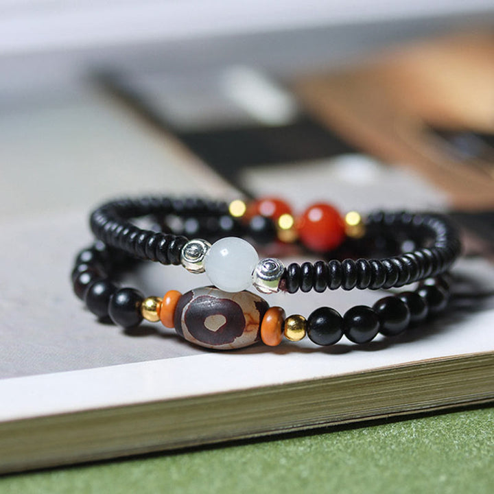Pulsera de doble vuelta con cuentas Dzi de sándalo, ébano y sándalo verde y Buddha Stones