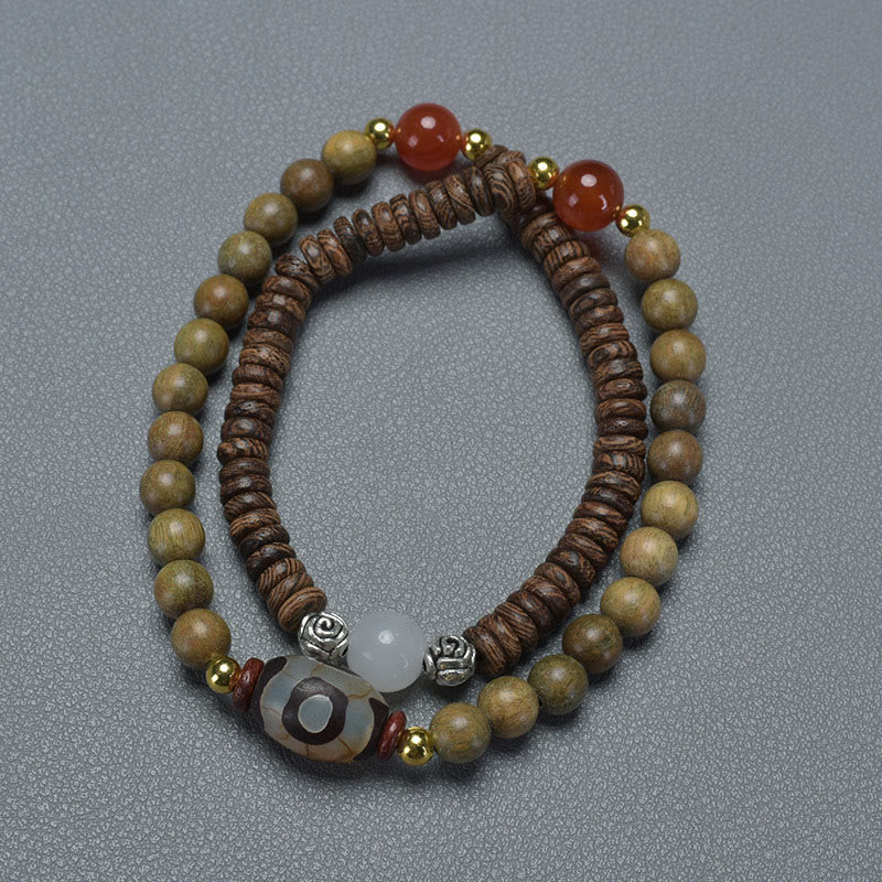 Pulsera de doble vuelta con cuentas Dzi de sándalo, ébano y sándalo verde y Buddha Stones