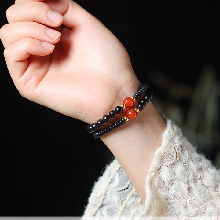 Pulsera de doble vuelta con cuentas Dzi de sándalo, ébano y sándalo verde y Buddha Stones