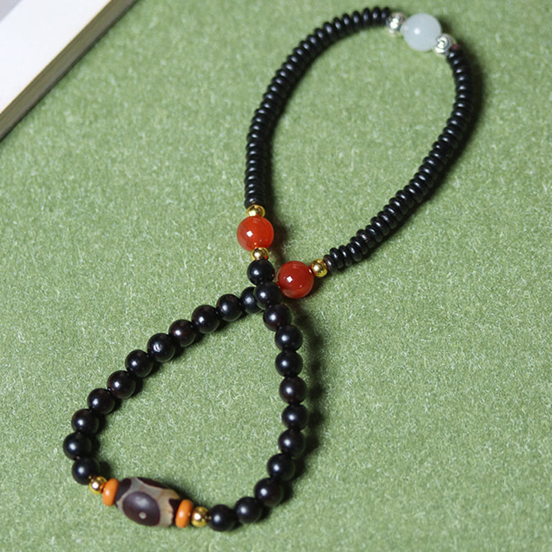 Pulsera de doble vuelta con cuentas Dzi de sándalo, ébano y sándalo verde y Buddha Stones