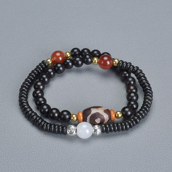 Pulsera de doble vuelta con cuentas Dzi de sándalo, ébano y sándalo verde y Buddha Stones