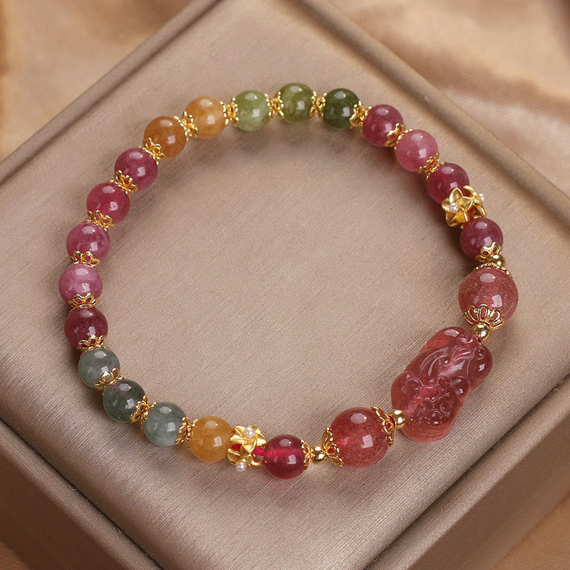 Pulsera PIXIU Love de cristal rosa, cuarzo fresa y turmalina con Buddha Stones