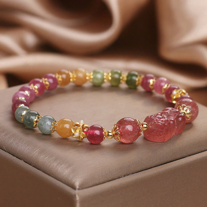 Pulsera PIXIU Love de cristal rosa, cuarzo fresa y turmalina con Buddha Stones