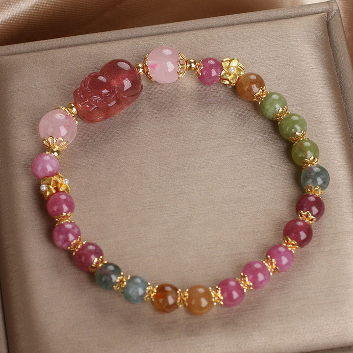 Pulsera PIXIU Love de cristal rosa, cuarzo fresa y turmalina con Buddha Stones