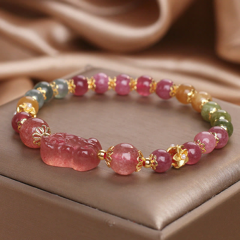 Pulsera PIXIU Love de cristal rosa, cuarzo fresa y turmalina con Buddha Stones
