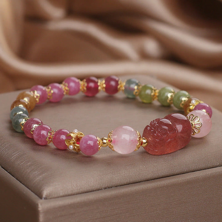 Pulsera PIXIU Love de cristal rosa, cuarzo fresa y turmalina con Buddha Stones