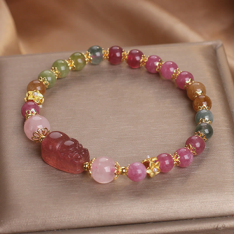 Pulsera PIXIU Love de cristal rosa, cuarzo fresa y turmalina con Buddha Stones - Cristal de turmalina rosa (circunferencia de la muñeca: 14-16 cm) - image 1