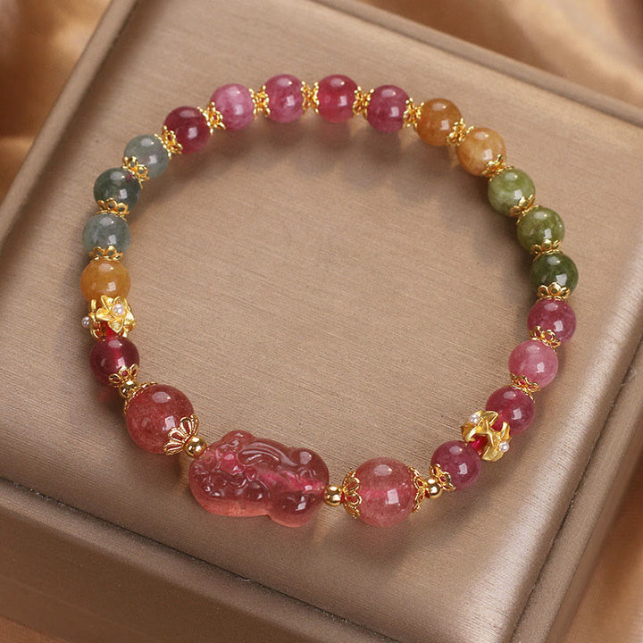 Pulsera PIXIU Love de cristal rosa, cuarzo fresa y turmalina con Buddha Stones