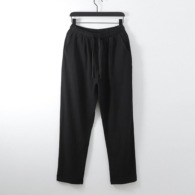 Pantalones casuales holgados de lino y algodón de color liso con bolsillos para hombre con Buddha Stones - Negro - US/UK/AU54, EU64 (9XL) - image 6