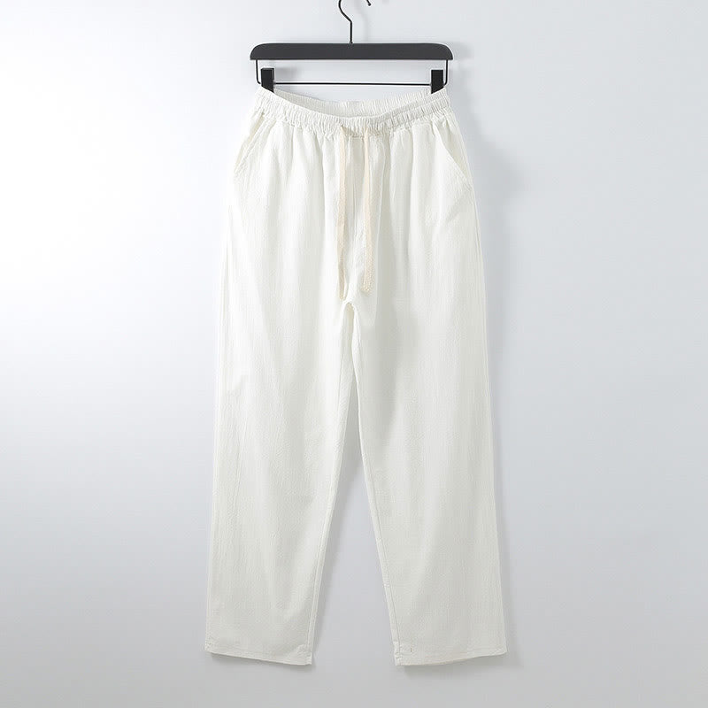 Pantalones casuales holgados de algodón y lino de color liso con estampado de Buddha Stones para hombre, con bolsillos. - Blanco - US/UK/AU54, EU64 (9XL) - image 1