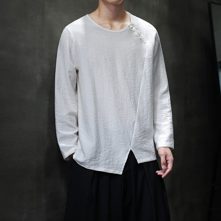 Camisas de algodón para hombre, cuello redondo, manga larga, sueltas, de color liso y con Buddha Stones - image 7