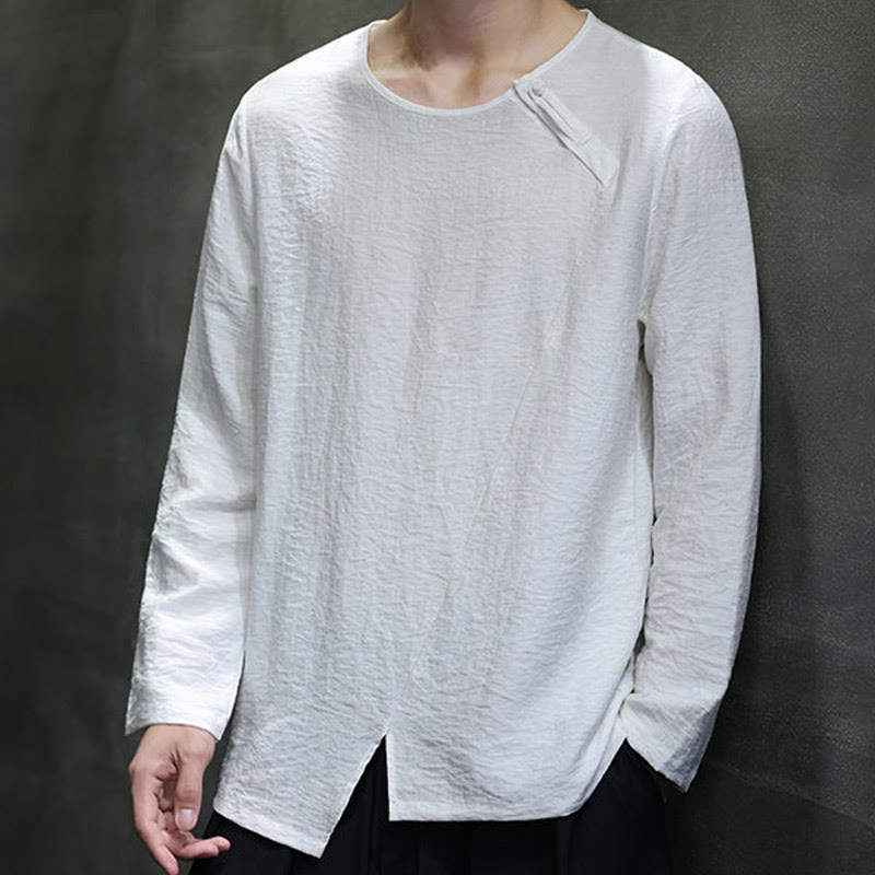 Camisas de algodón para hombre, cuello redondo, manga larga, sueltas, de color liso y con Buddha Stones - Blanco - US/UK/AU46, EU56 (5XL) - image 0