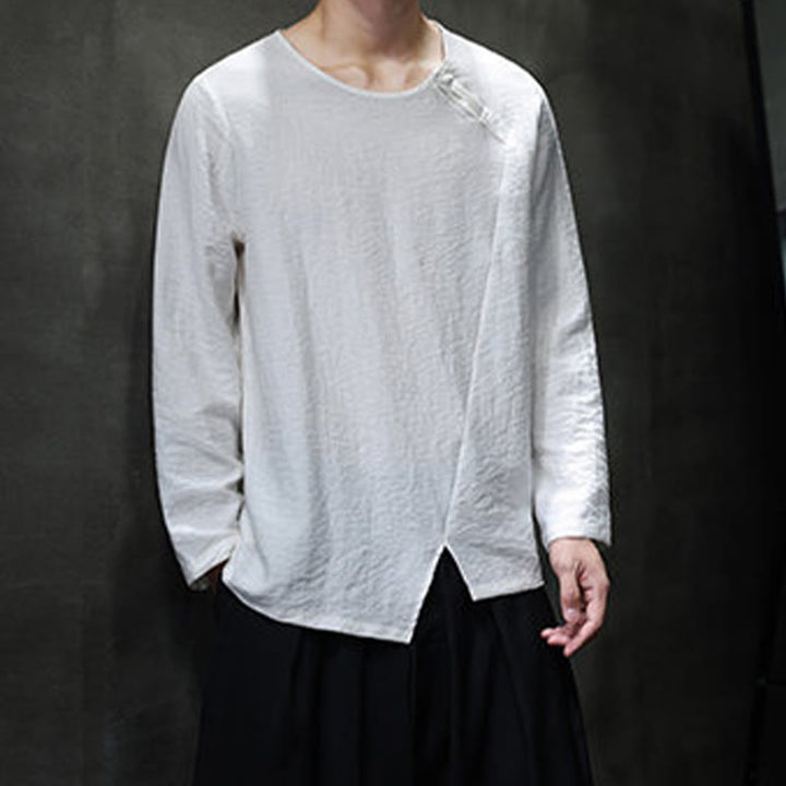 Camisas de algodón para hombre, cuello redondo, manga larga, sueltas, de color liso y con Buddha Stones - image 8