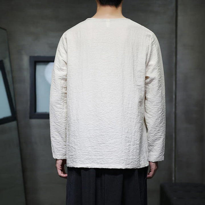 Camisas de algodón para hombre, cuello redondo, manga larga, sueltas, de color liso y con Buddha Stones - image 17