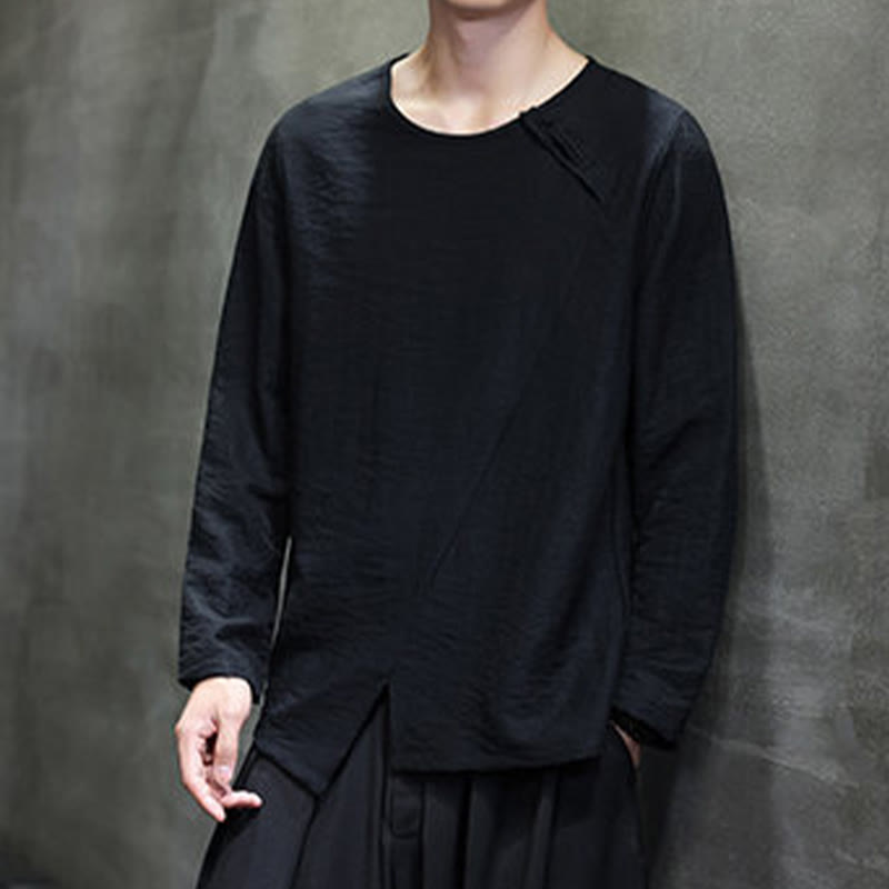 Camisas de algodón para hombre, cuello redondo, manga larga, sueltas, de color liso y con Buddha Stones - image 30