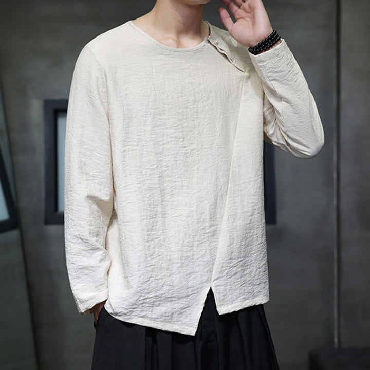 Camisas de hombre de manga larga, cuello redondo y sueltas, de color liso con Buddha Stones - image 23