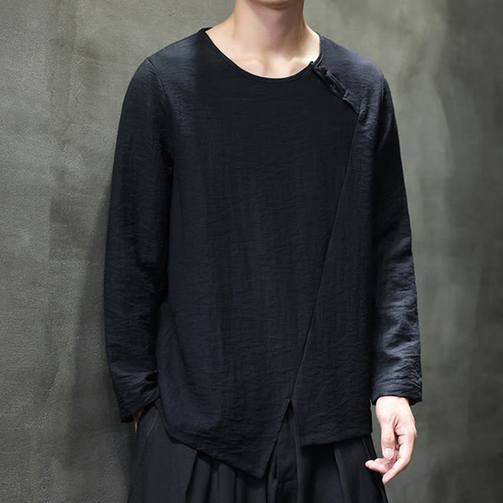 Camisas de algodón para hombre, cuello redondo, manga larga, sueltas, de color liso y con Buddha Stones - image 31