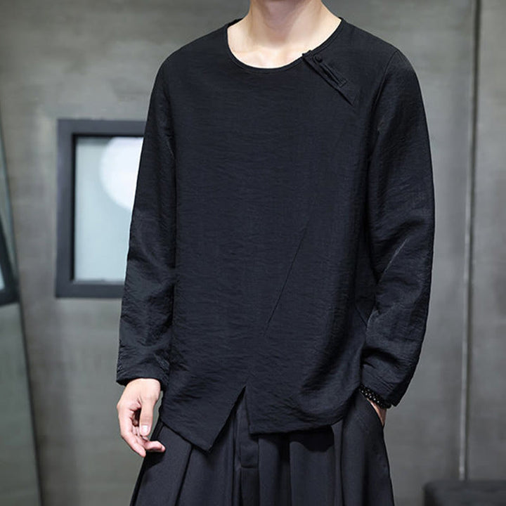 Camisas de algodón para hombre, cuello redondo, manga larga, sueltas, de color liso y con Buddha Stones - image 29