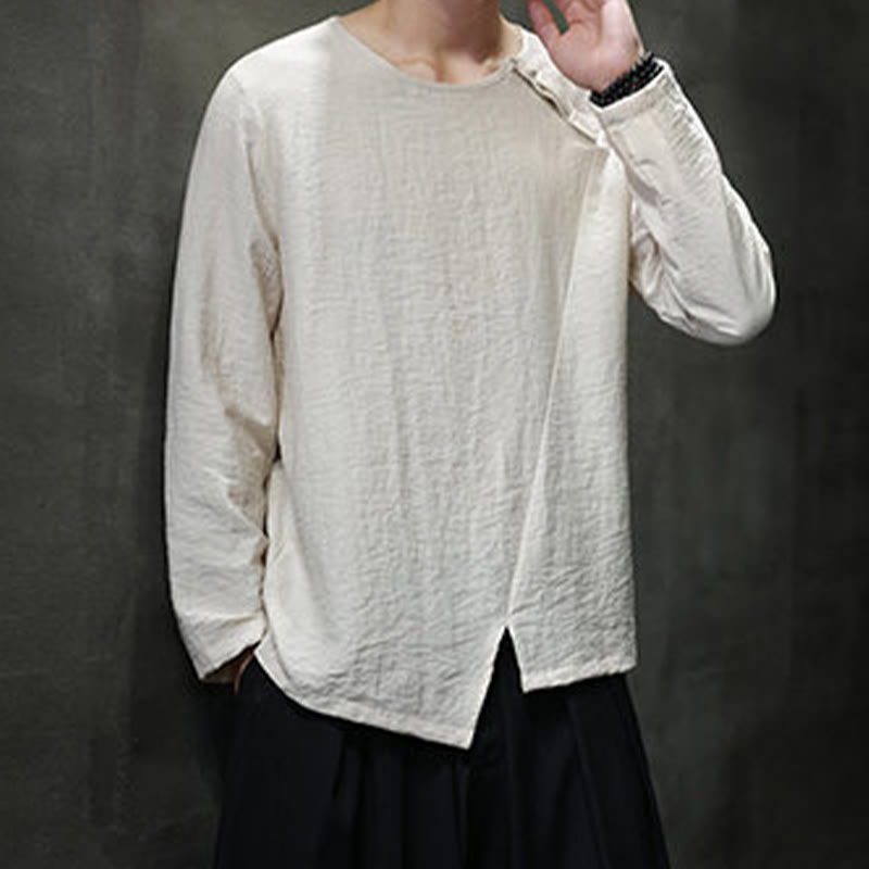 Camisas de algodón para hombre, cuello redondo, manga larga, sueltas, de color liso y con Buddha Stones - image 19