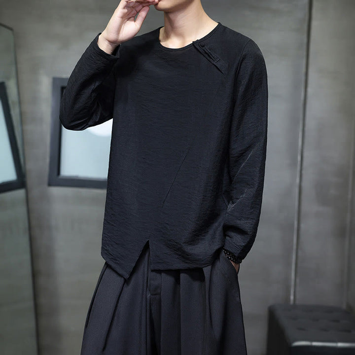 Camisas de algodón para hombre, cuello redondo, manga larga, sueltas, de color liso y con Buddha Stones - image 28