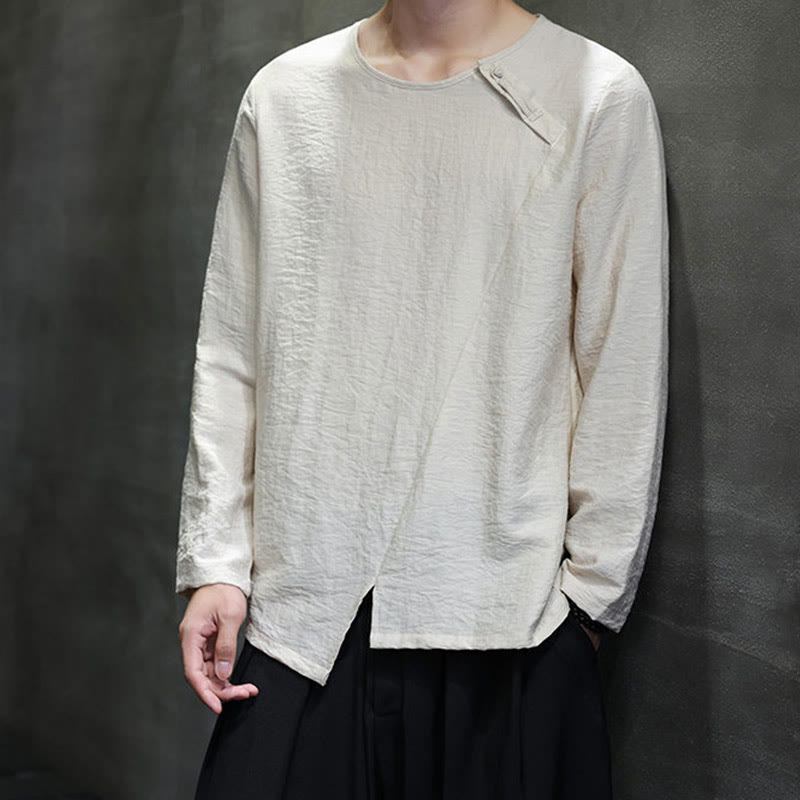 Camisas de hombre de manga larga, cuello redondo y sueltas, de color liso con Buddha Stones - image 17