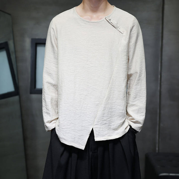 Camisas de algodón para hombre, cuello redondo, manga larga, sueltas, de color liso y con Buddha Stones - image 20