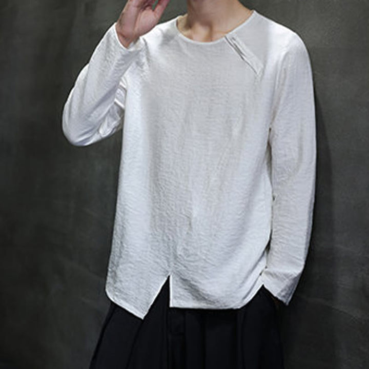 Camisas de algodón para hombre, cuello redondo, manga larga, sueltas, de color liso y con Buddha Stones - image 11