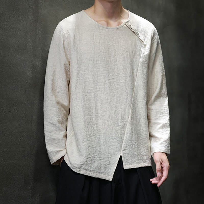 Camisas de algodón para hombre, cuello redondo, manga larga, sueltas, de color liso y con Buddha Stones - image 22