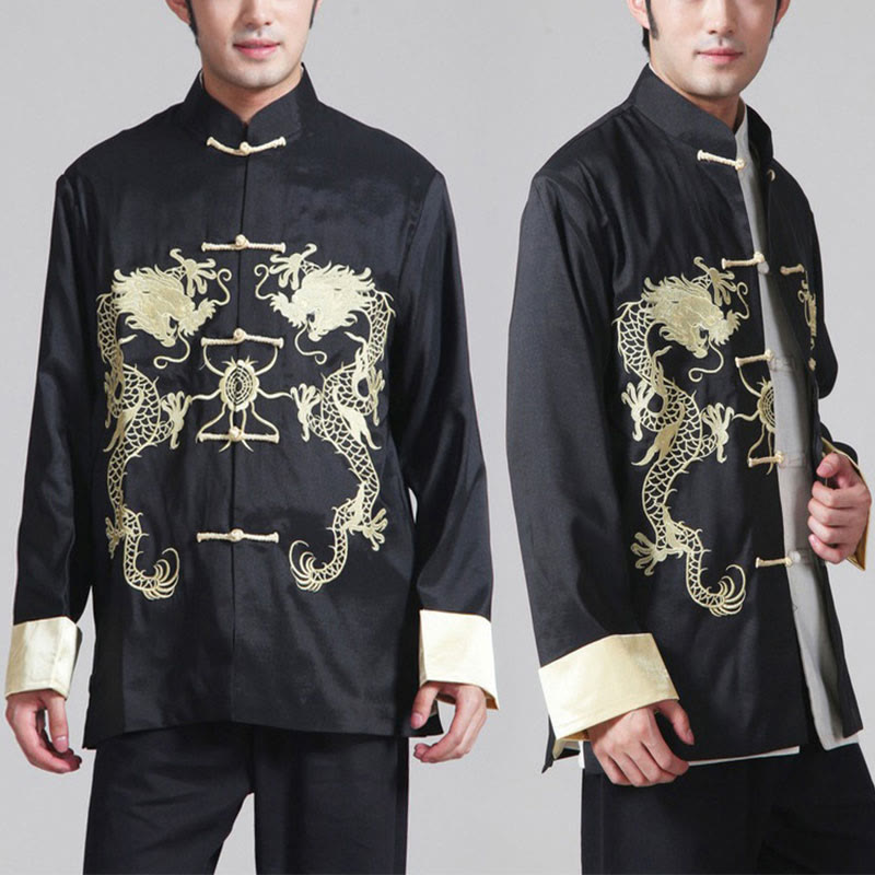 Chaqueta de hombre de fibra de poliéster con botones de rana y mangas con bordado de dragón y Buddha Stones , informal, camisa y pantalones - image 15