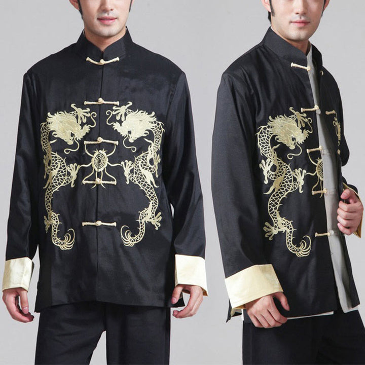 Chaqueta de hombre de fibra de poliéster con botones de rana y mangas con bordado de dragón y Buddha Stones , informal, camisa y pantalones - image 15