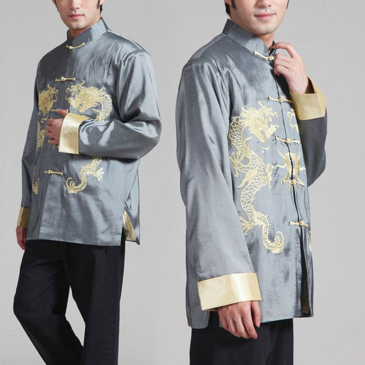 Chaqueta de hombre de fibra de poliéster con botones de rana y mangas con bordado de dragón y Buddha Stones , informal, camisa y pantalones - Gris - US/UK/AU42, EU52 (3XL) - image 7