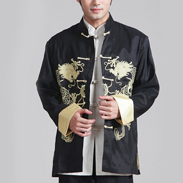 Chaqueta de hombre de fibra de poliéster con botones de rana y mangas con bordado de dragón y Buddha Stones , informal, camisa y pantalones - image 10