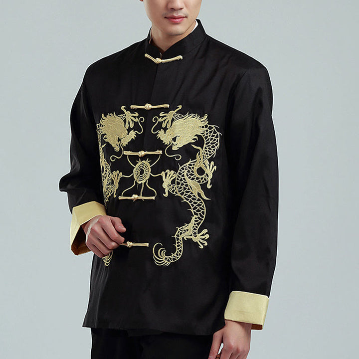 Chaqueta de hombre de fibra de poliéster con botones de rana y mangas con bordado de dragón y Buddha Stones , informal, camisa y pantalones - Negro (vellón) - US/UK/AU42, EU52 (3XL) - image 9