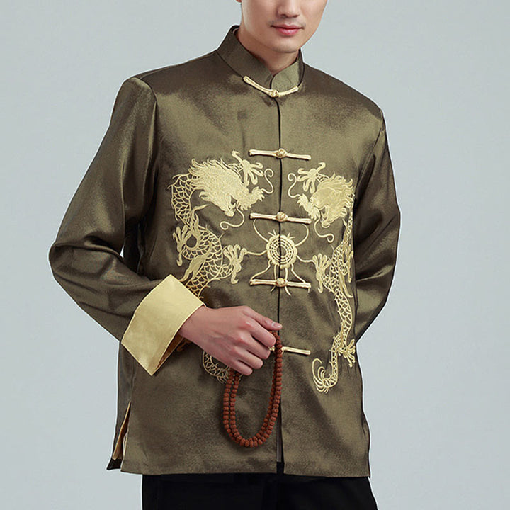 Chaqueta de hombre de fibra de poliéster con botones de rana y mangas con bordado de dragón y Buddha Stones , informal, camisa y pantalones - Aceituna - US/UK/AU42, EU52 (3XL) - image 18