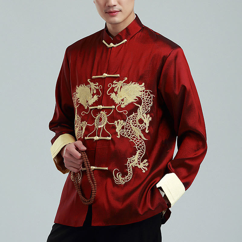 Chaqueta de hombre de fibra de poliéster con botones de rana y mangas con bordado de dragón y Buddha Stones , informal, camisa y pantalones - image 1