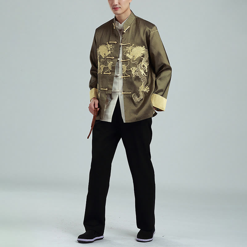 Chaqueta de hombre de fibra de poliéster con botones de rana y mangas con bordado de dragón y Buddha Stones , informal, camisa y pantalones - image 20
