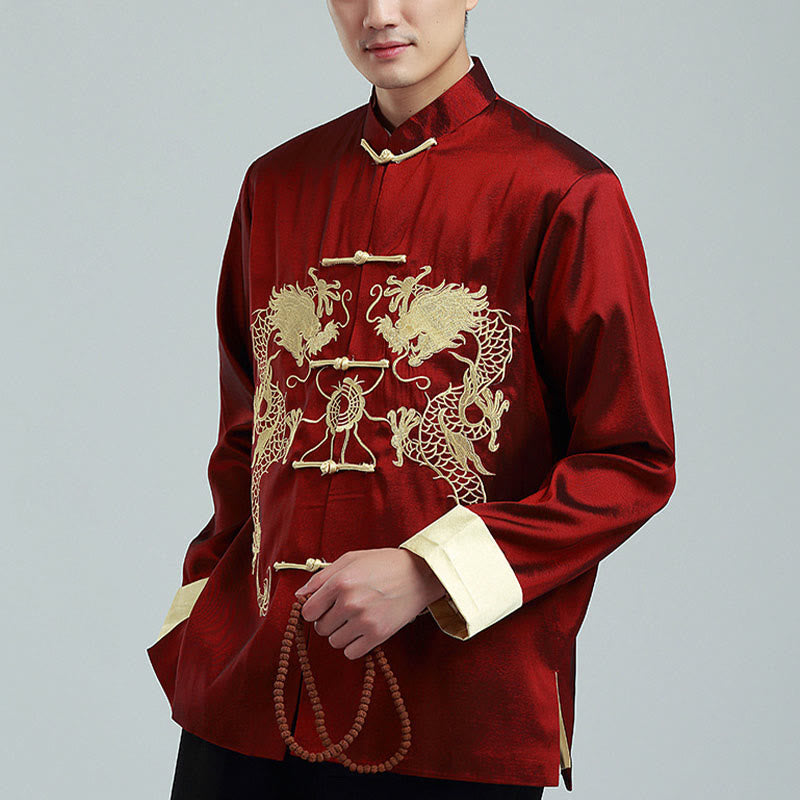 Chaqueta de hombre de fibra de poliéster con botones de rana y mangas con bordado de dragón y Buddha Stones , informal, camisa y pantalones - image 2