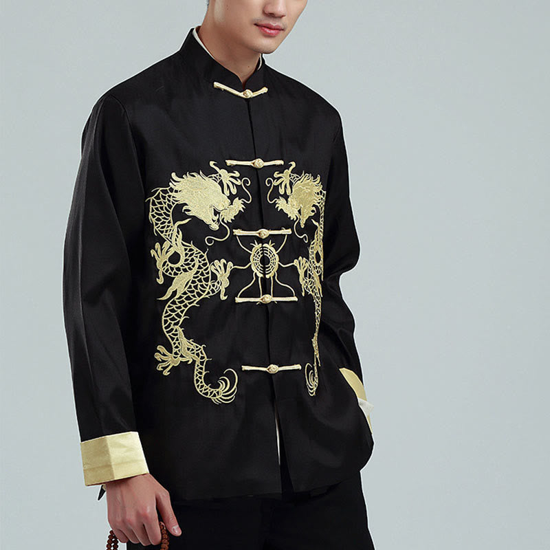 Chaqueta de hombre de fibra de poliéster con botones de rana y mangas con bordado de dragón y Buddha Stones , informal, camisa y pantalones - image 11