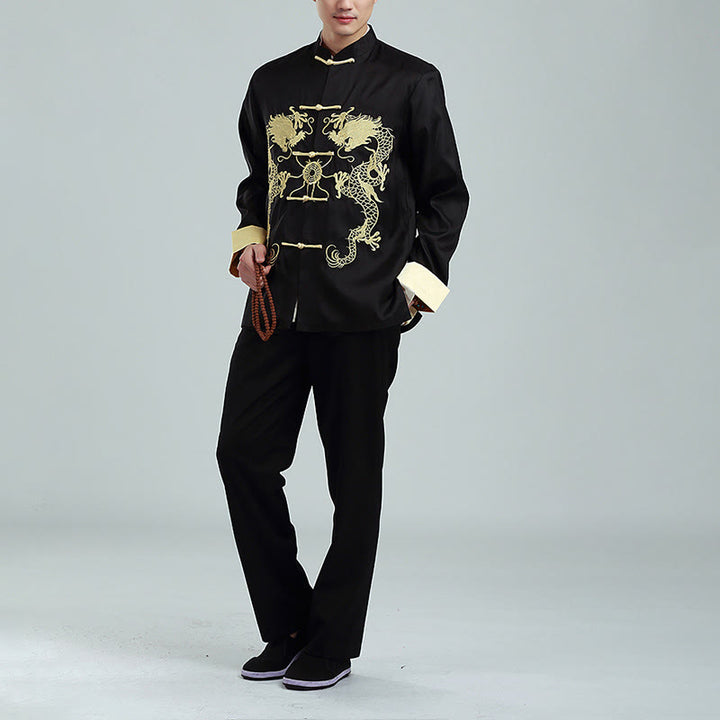 Chaqueta de hombre de fibra de poliéster con botones de rana y mangas con bordado de dragón y Buddha Stones , informal, camisa y pantalones - image 13