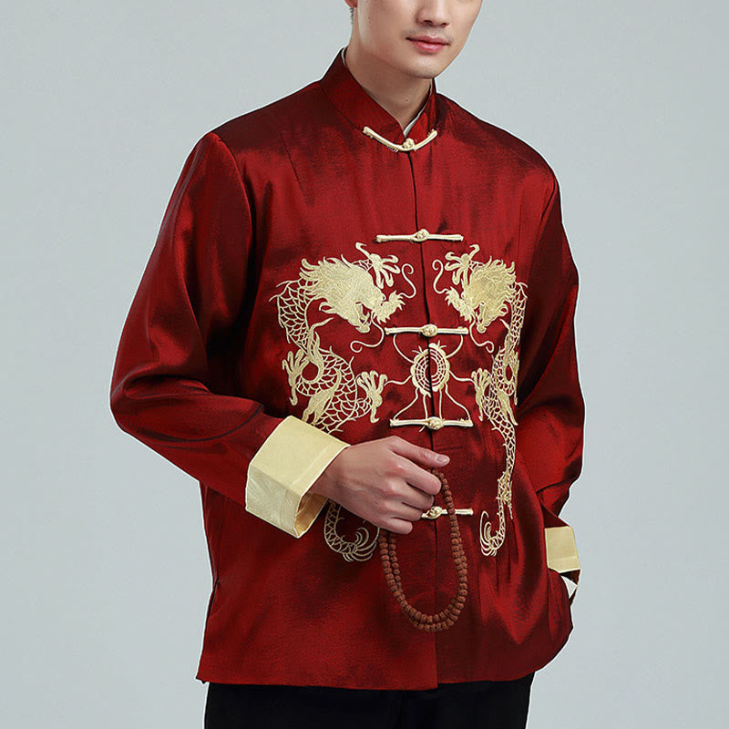 Chaqueta de hombre de fibra de poliéster con botones de rana y mangas con bordado de dragón y Buddha Stones , informal, camisa y pantalones - Rojo oscuro (vellón) - US/UK/AU42, EU52 (3XL) - image 0