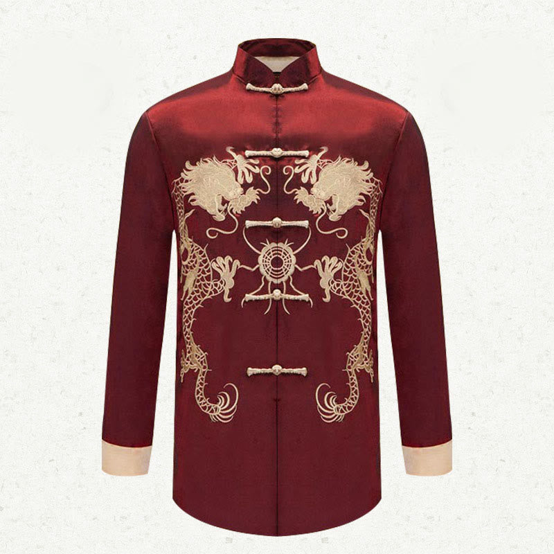 Chaqueta de hombre de fibra de poliéster con botones de rana y mangas con bordado de dragón y Buddha Stones , informal, camisa y pantalones - image 6